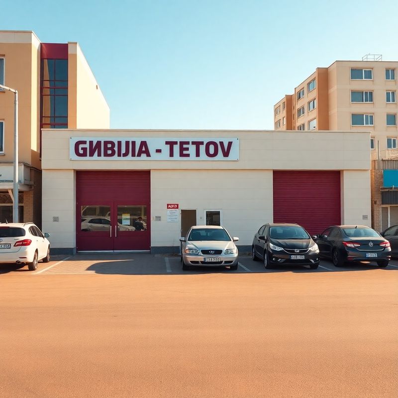 Фасад мастерской Группы Петров с бордовыми воротами